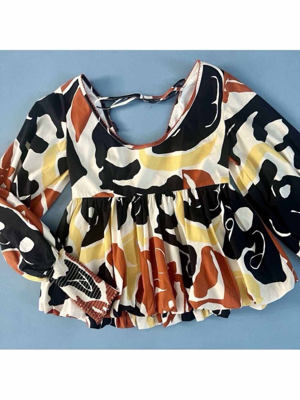 NWT De Loreta Morena El Pueblo Geometric Tan Ballon Sleeve Cotton Blouse